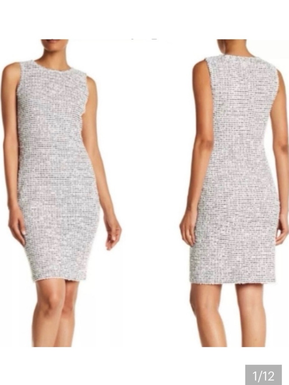 ST JOHN Caviar Black White Textured Stripe Knit Sleeveless Sheath Dress Sz 10